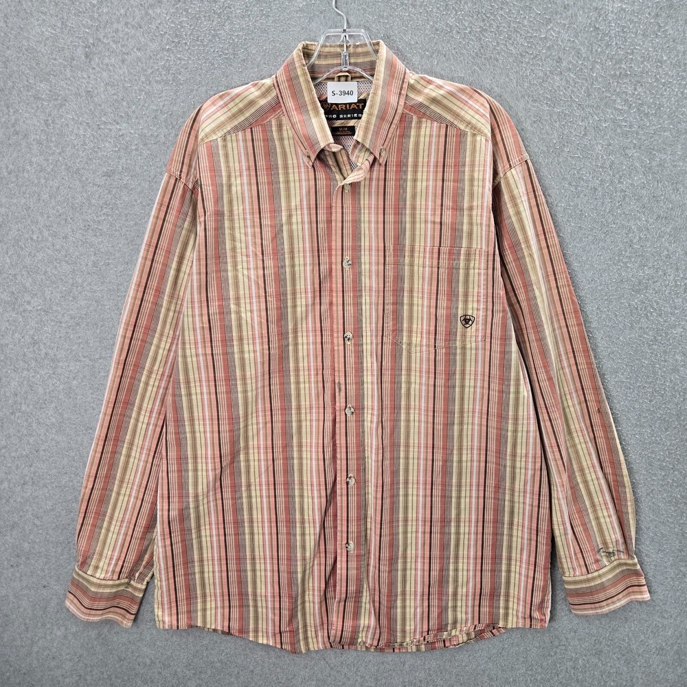 Ariat Men Button Up Shirt Medium Pink Striped Pro Series Mesh Long Sleeve READ